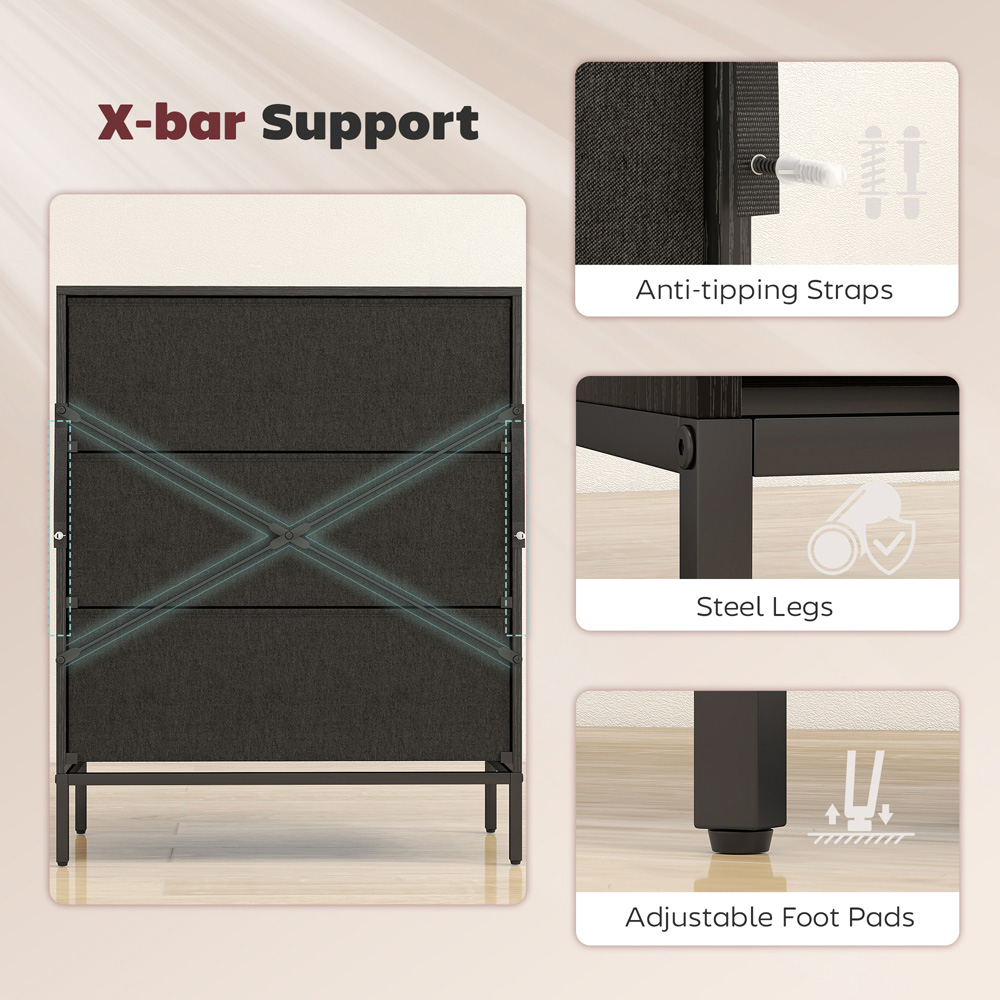 Portland 3 Fabric Drawer Black Chest of Drawers Image 5