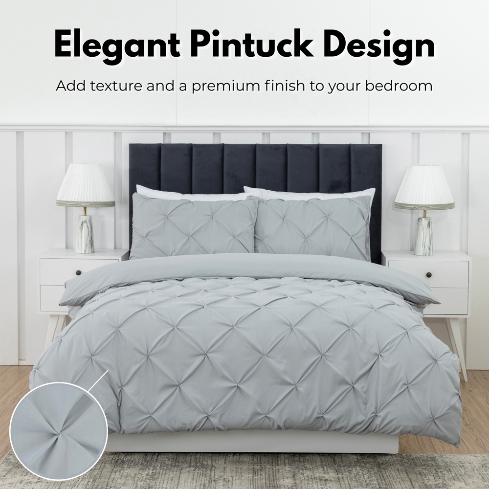 MHG Living Super King Size Grey Microfibre Pintuck Duvet Cover Set Image 2