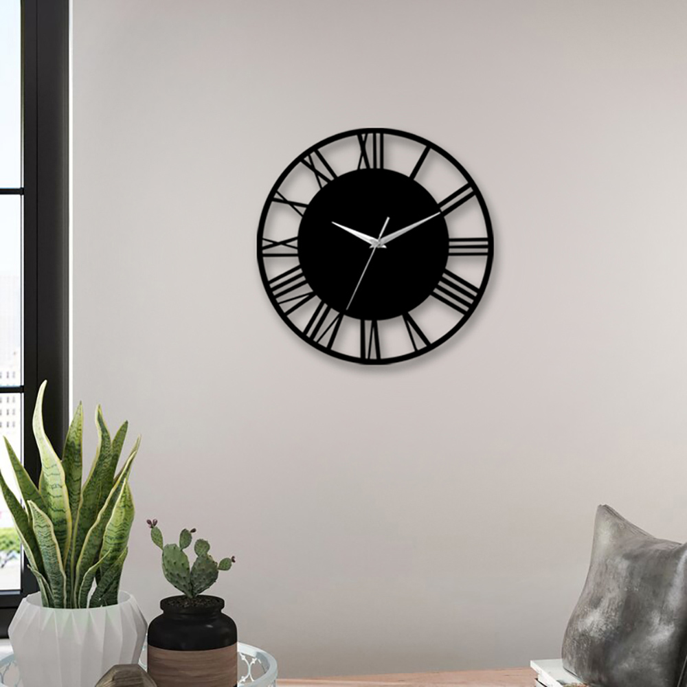 Living and Home Black Roman Round Wooden Wall Clock 31cm Image 3