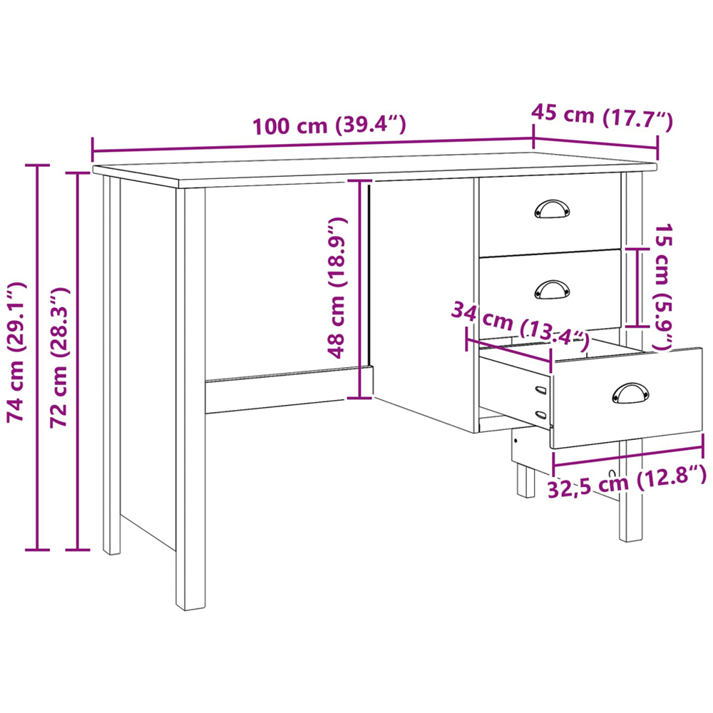 vidaXL Hill 3 Drawer Compact Pine Wood Home Desk Brown Image 8