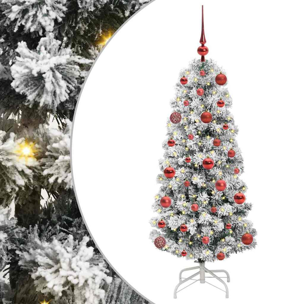 vidaXL Pre-Lit Warm White LED and Red Baubles Snow Flocked Artificial Christmas Tree 4ft Image 2
