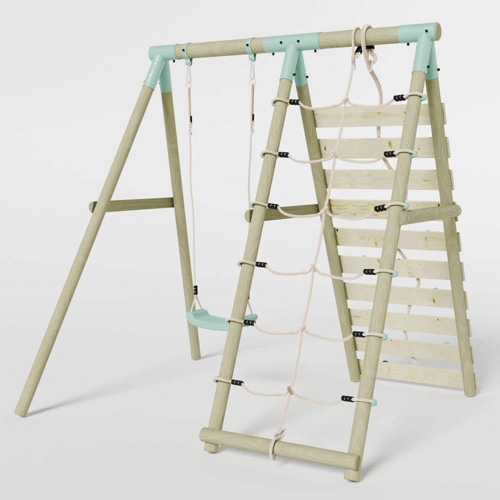 Mercia Wooden Round Pole Single Swing with Climbing Wall Image 4