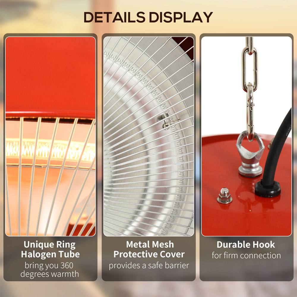Outsunny Red Ceiling Mounted Halogen Electric Heater 1500W Image 6