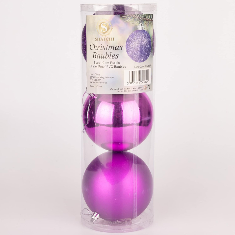 Shatchi 10cm Purple Shatterproof Christmas Baubles 3 Pack Image 4