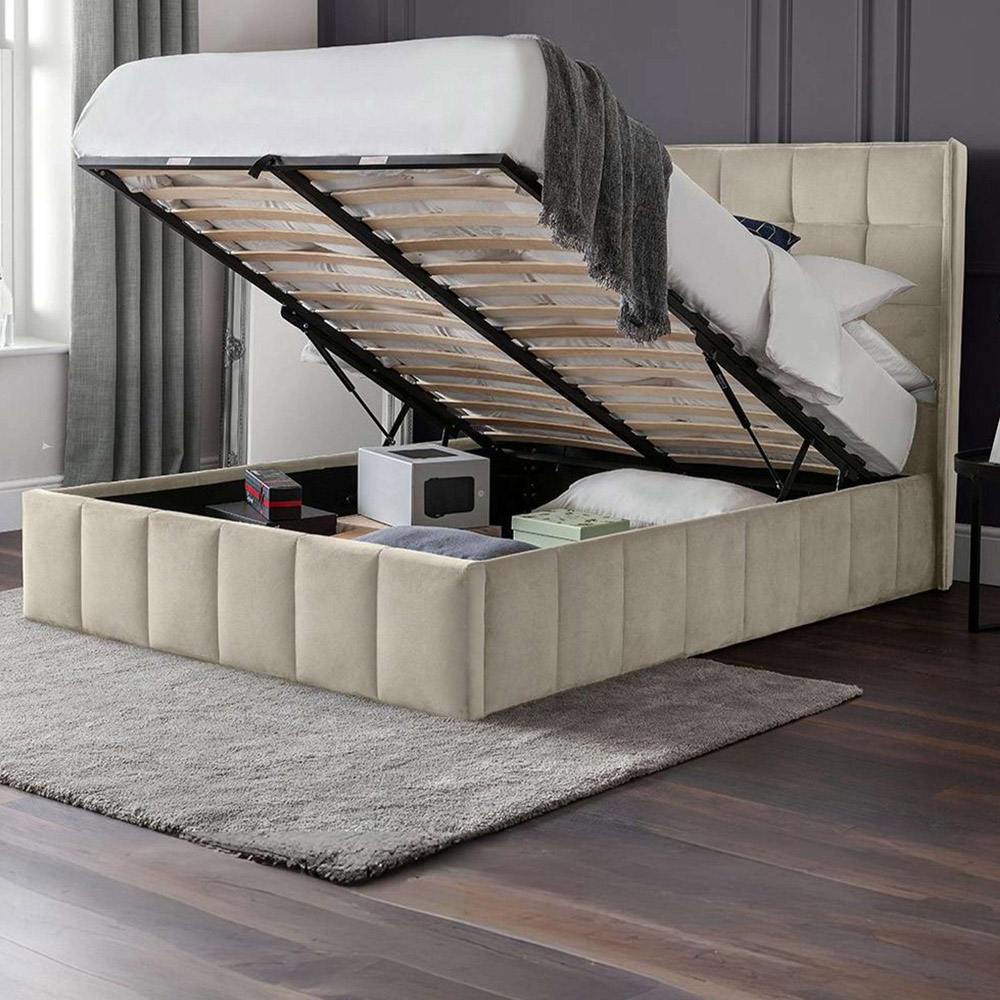 Julian Bowen Gatsby King Size Cream Velvet Winged Headboard Ottoman Storage Bed Image 8