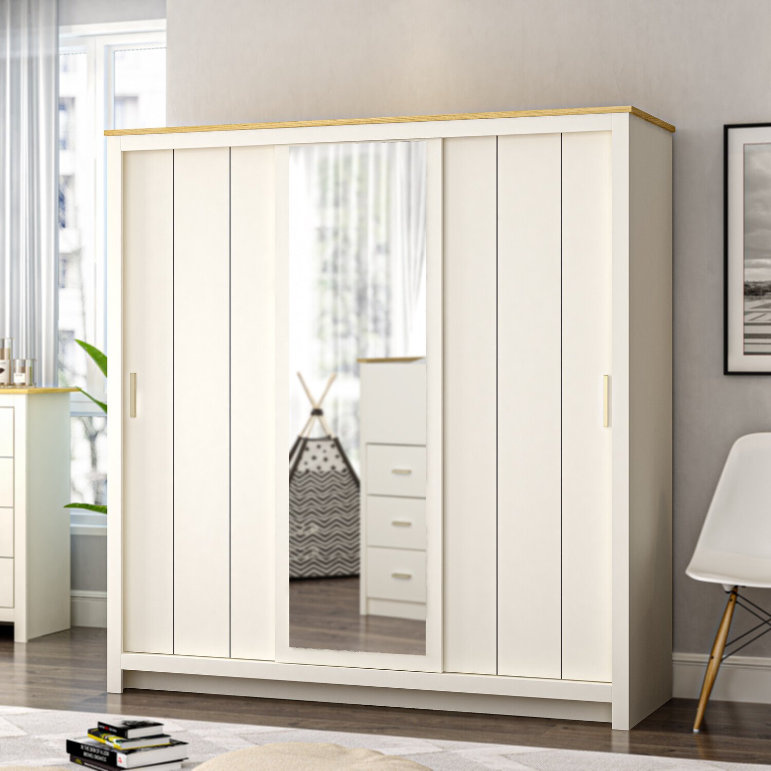 Lexington Cream Gold Handle 3 Door Mirror Sliding Wardrobe Image 2