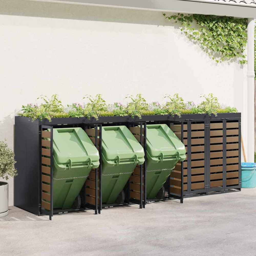 vidaXL Anthracite 5 Wheelie Bin Storage Shed with HDPE Door and Planter Roof Image 2