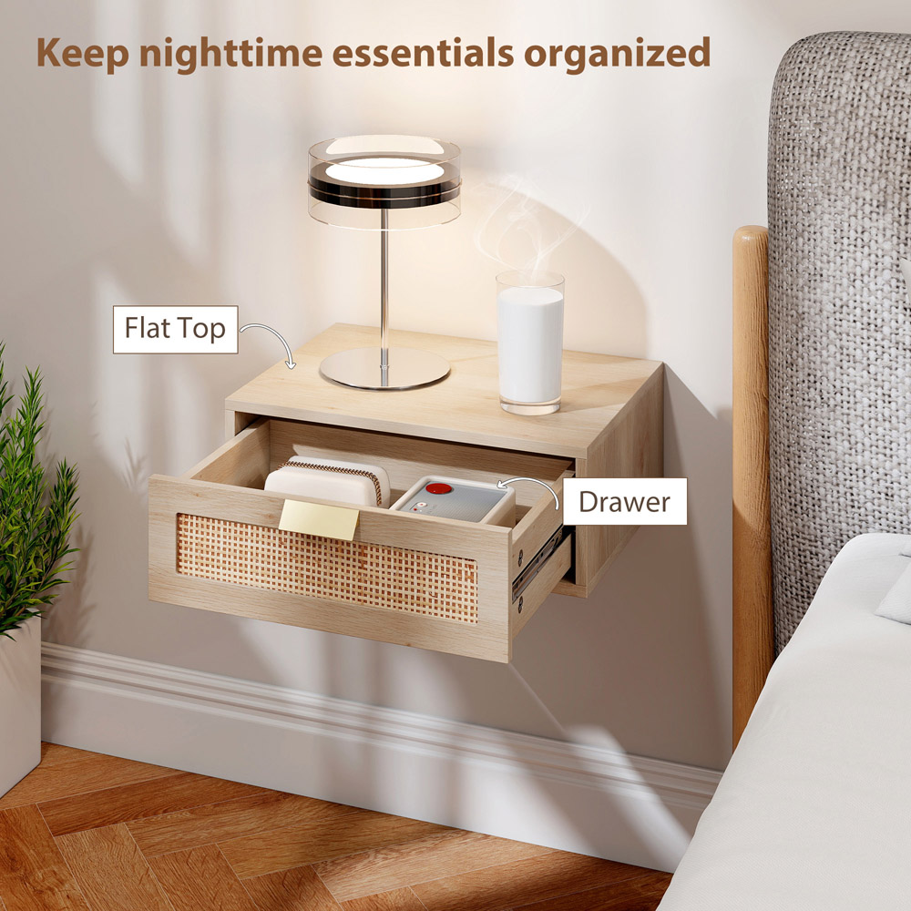 Portland Single Drawer Oak Effect Natural Rattan Boho Floating Nightstand Set of 2 Image 6