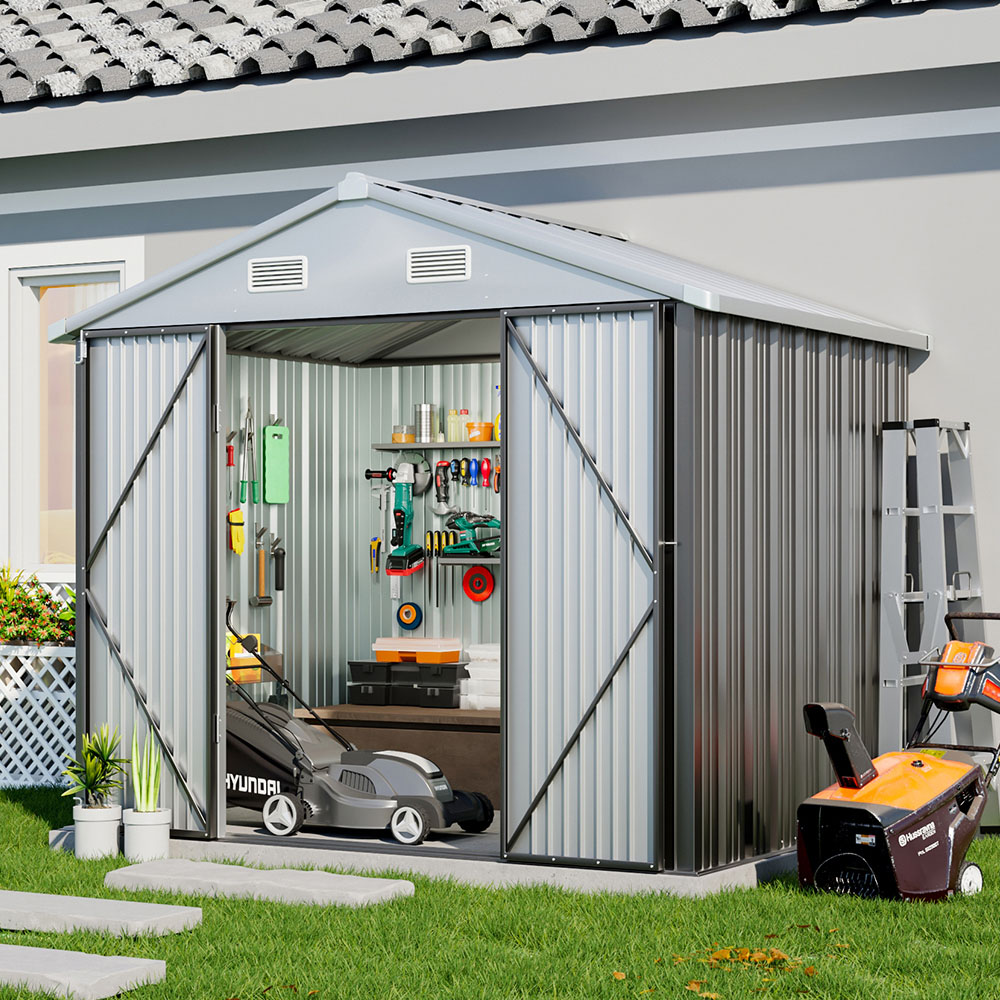Living and Home 6 x 8ft Grey and White Metal Apex Garden Storage Shed Image 2