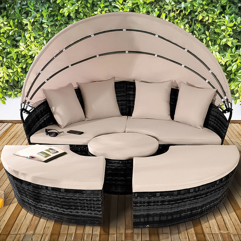 Brooklyn Luxury 8 Seater Black Rattan Sun Lounger Sofa Set with Canopy and Cover 210cm Image 1