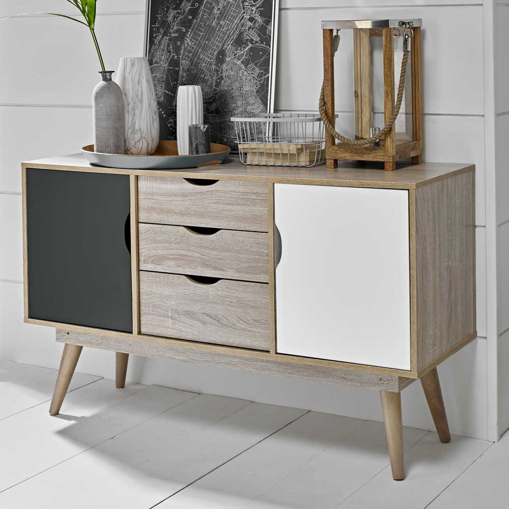 Scandi 2 Door 3 Drawer Grey Black White and Oak Effect Large Sideboard Image