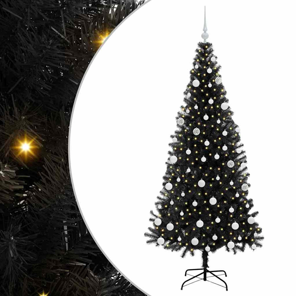 vidaXL Pre-Lit White Baubles Black Artificial Christmas Tree 6ft Image 2