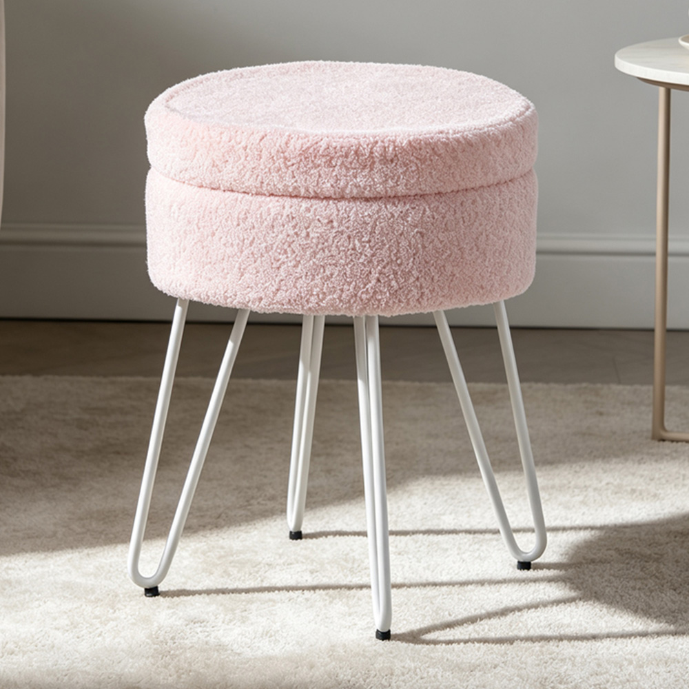 Living and Home Pink and White Teddy Fleece Hidden Storage Stool Image 1
