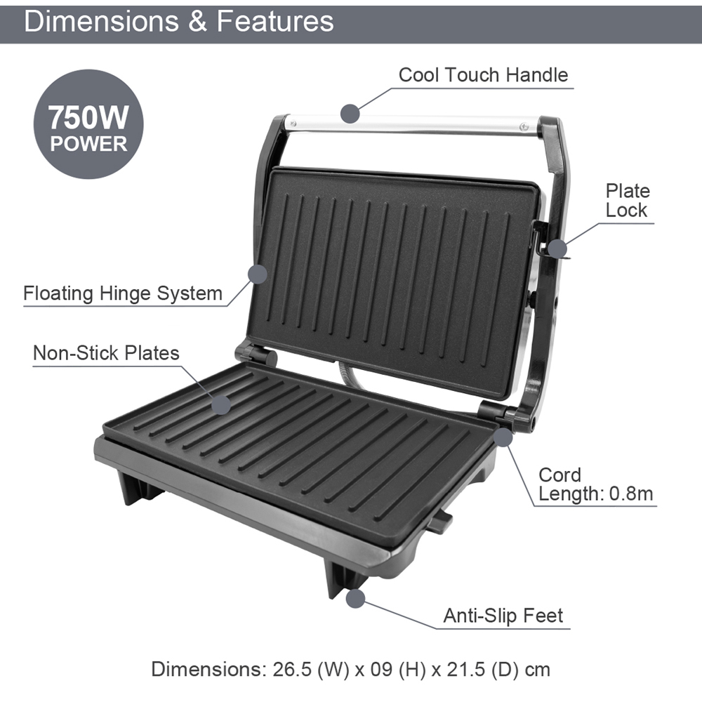 Quest Silver and Black Compact Panini Press and Grill 750W Image 7