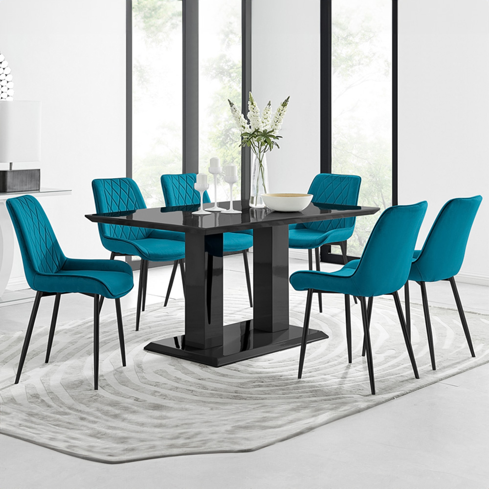 Furniturebox Molini Cesano 6 Seater Dining Set Black High Gloss and Blue Image 1