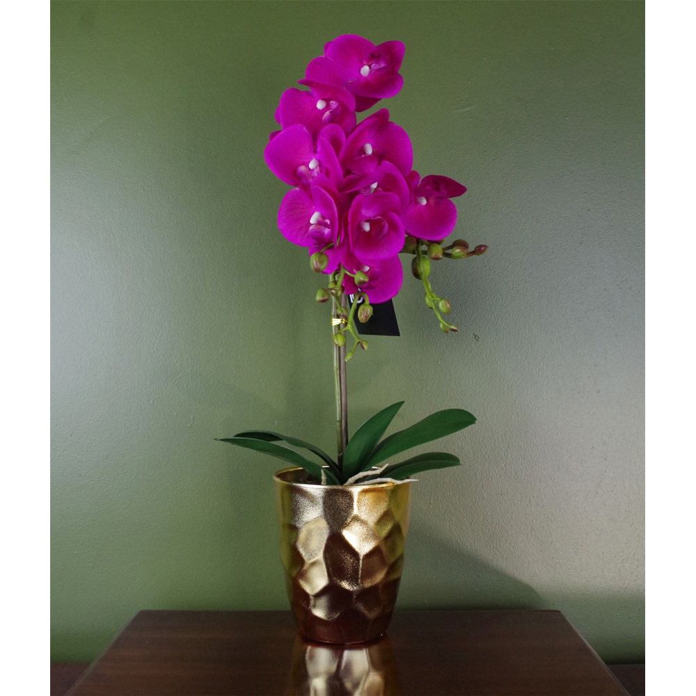 Leaf Dark Pink Orchid Artificial Plant in Gold Pot 54cm Image 2
