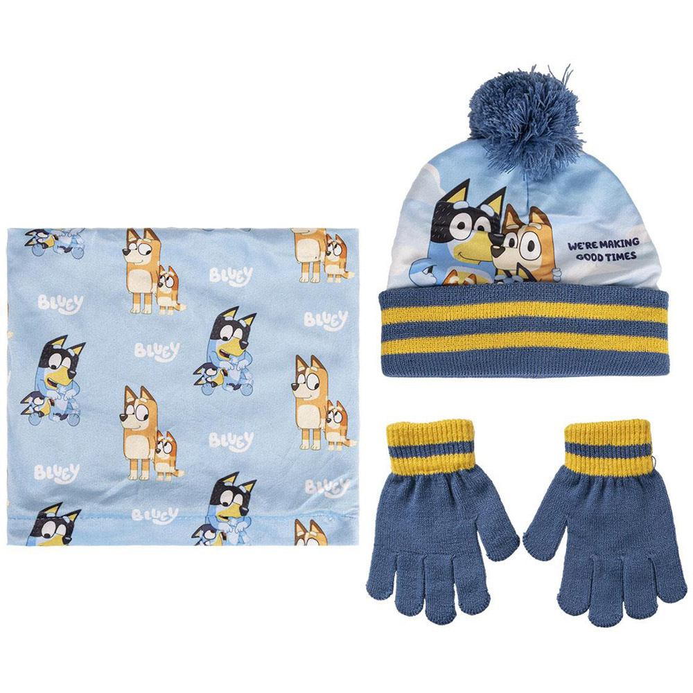 Bluey 3 Piece Blue and Yellow Children Hat Gloves and Snood Set Image 1