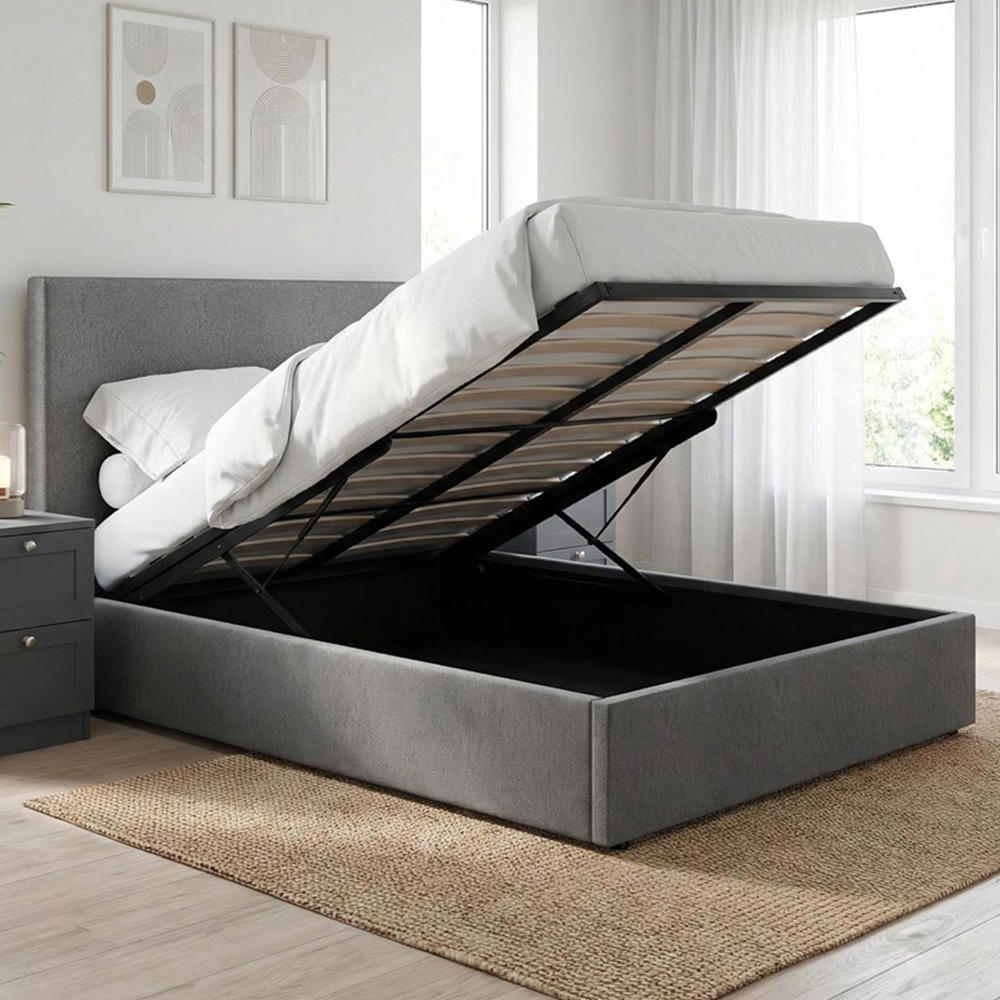 FWStyle Rufford King Size Grey Fossil Front Lift Ottoman Bed Frame with Padded Headboard Image 1