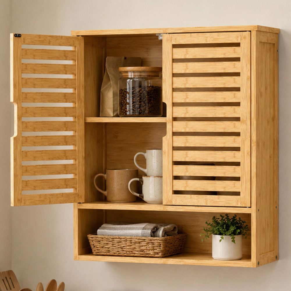 HOMCOM 2 Louvered Door Single Shelf Oak Wall-Mounted Bathroom Cabinet Image 1