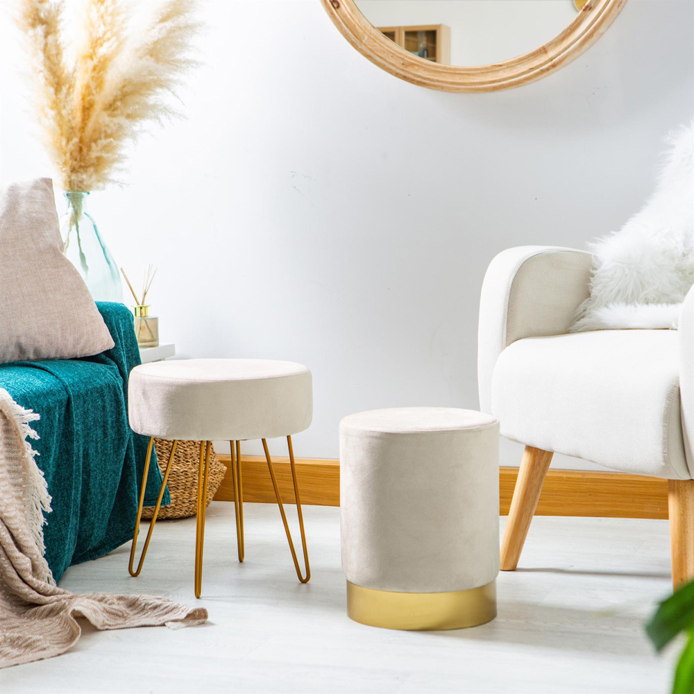Harbour Housewares Cream Velvet Round Pouffe Image 3