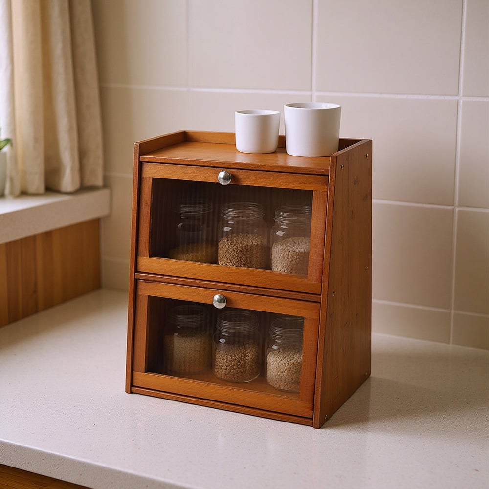 Living and Home 2 Door Single Shelf Brown Bamboo Bread Storage Cabinet Image 7