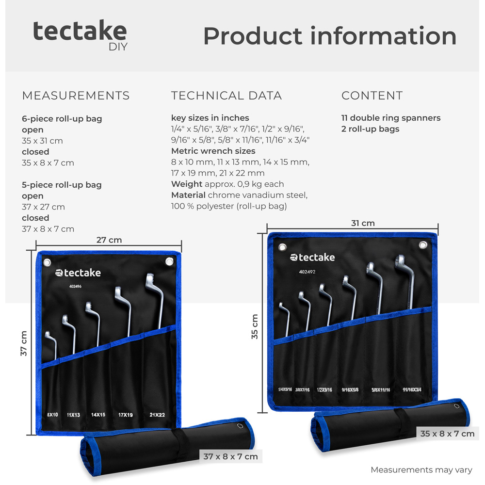 tectake 11 Piece Metric and Imperial Carbon Steel Double Ring Spanner Set with Roll Up Pouches Image 9