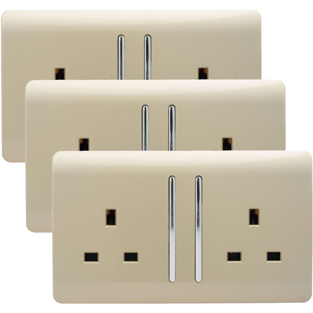 Trendi Switch 2 Gang 13amp Champagne Gold Long Switched Plug Socket 3 Pack Image 1