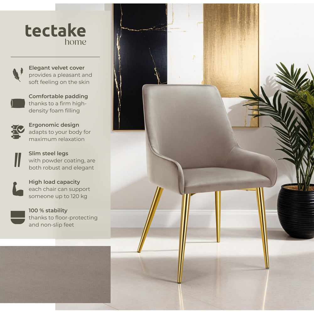 Tectake Avane Set of 4 Taupe Velvet Padded High Backrest Dining Chair Image 6