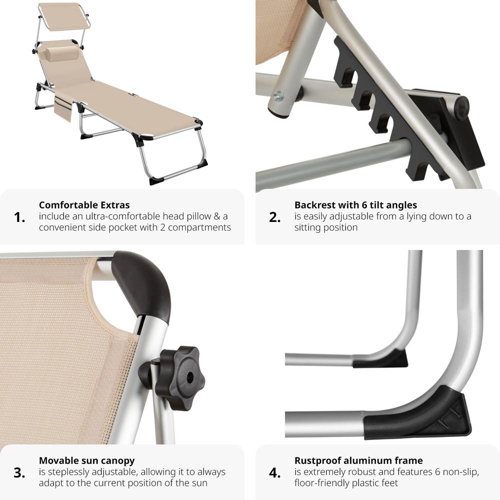 tectake Aurelie Beige Foldable and Adjustable Sun Lounger with Headrest Image 4