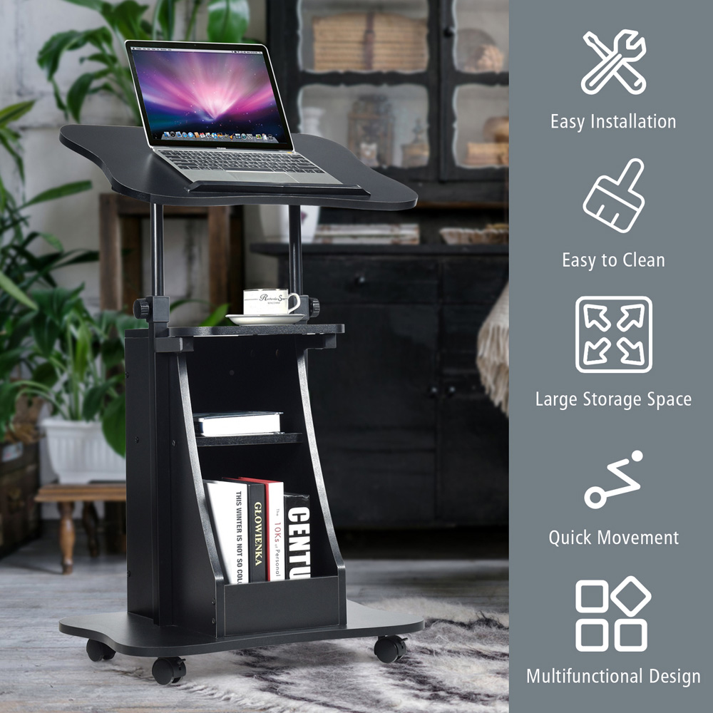 Costway Black Height Adjustable Laptop Desk with Wheels Image 7