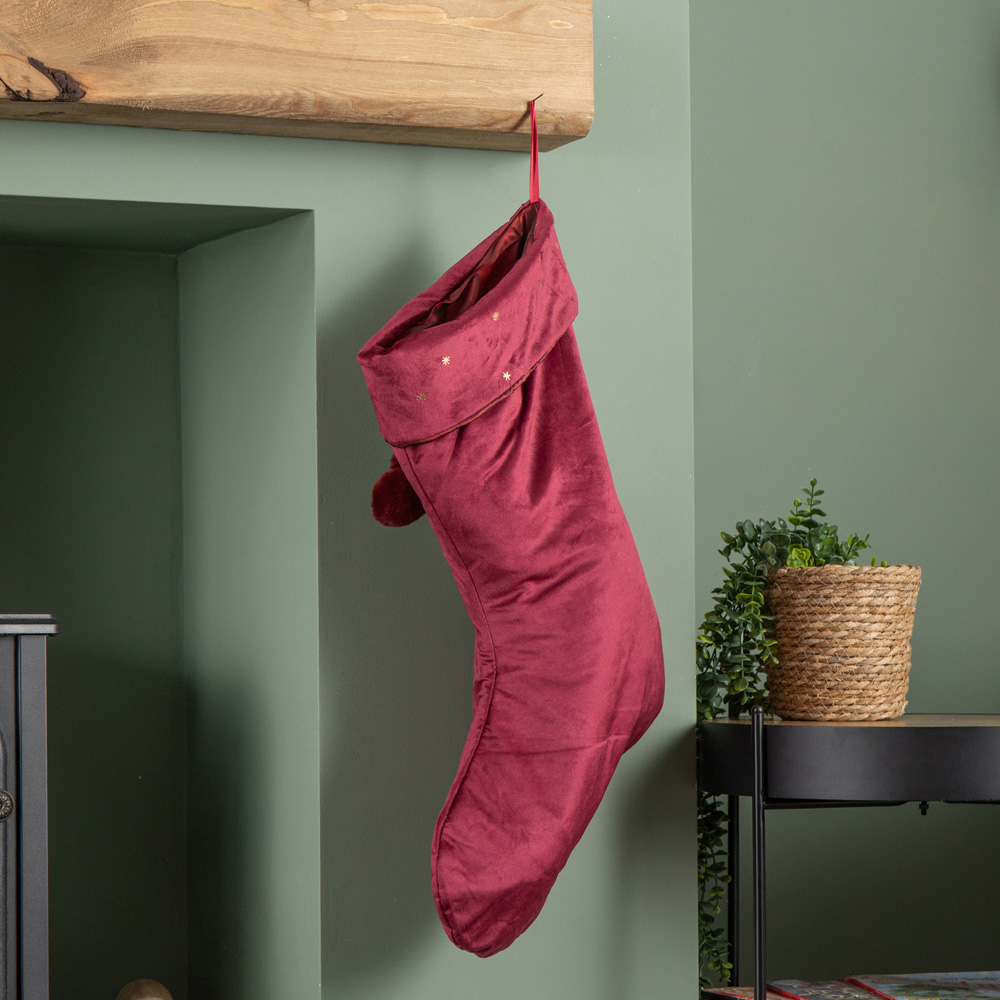 Samuel Alexander Burgundy Velour Star Print Christmas Stocking with Pom Poms 70cm Image 7