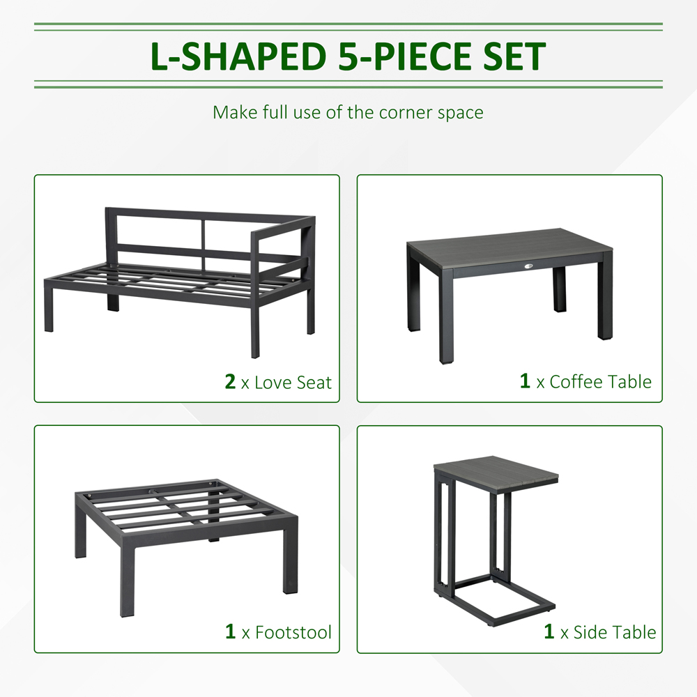 Outsunny 5 Piece Grey Aluminium L-shaped Corner Sofa Set with Coffee Table Image 4