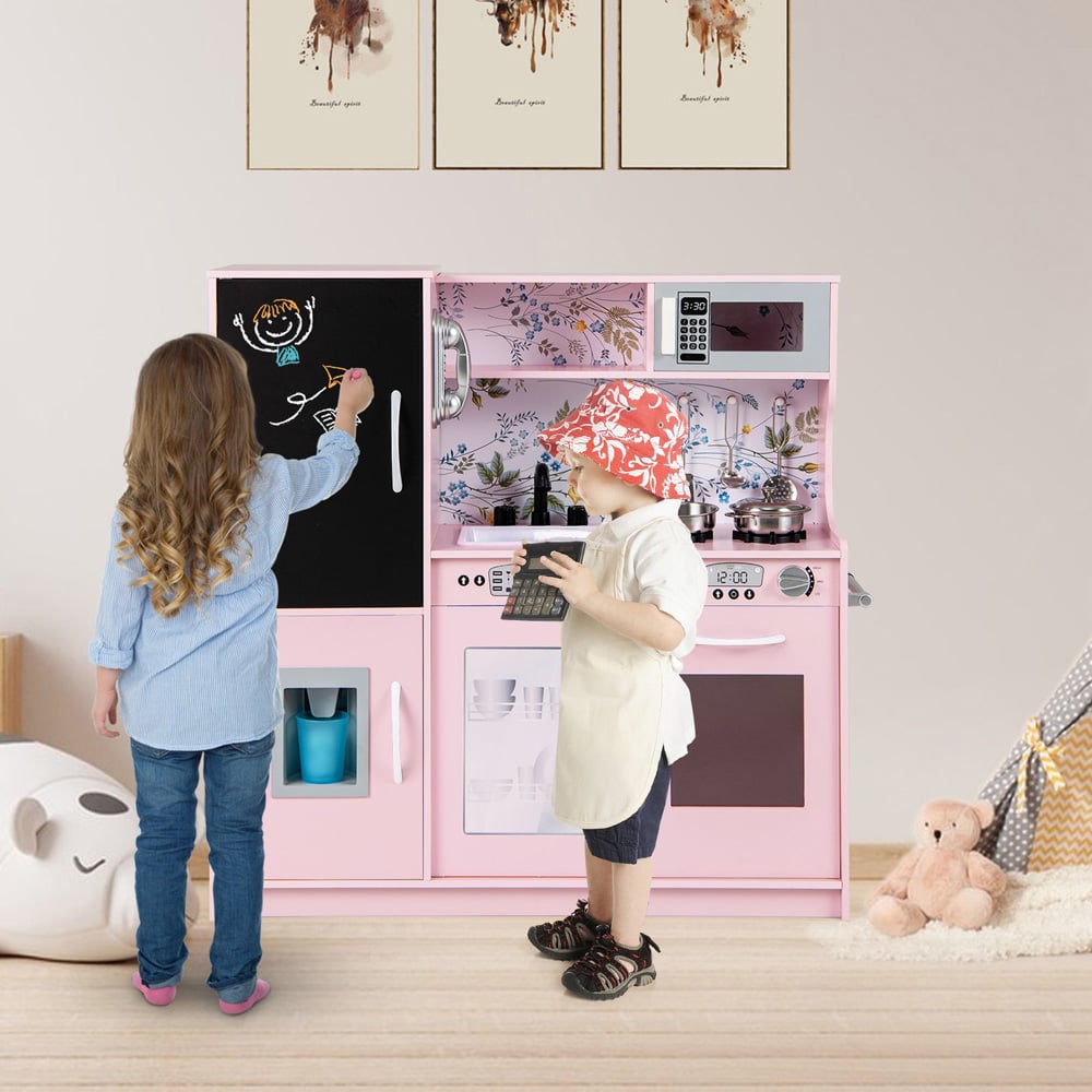 Costway Toddler Cream Pink Kitchen Play Set with Accessories and Simulated Sounds Image 3
