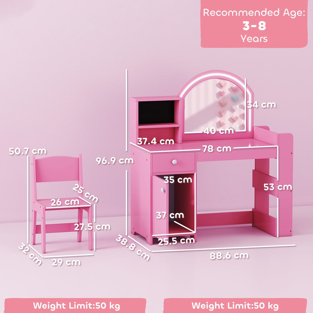 AIYAPLAY 2 Piece Pink LED Mirror Kids Dressing Table and Stool Set Image 9