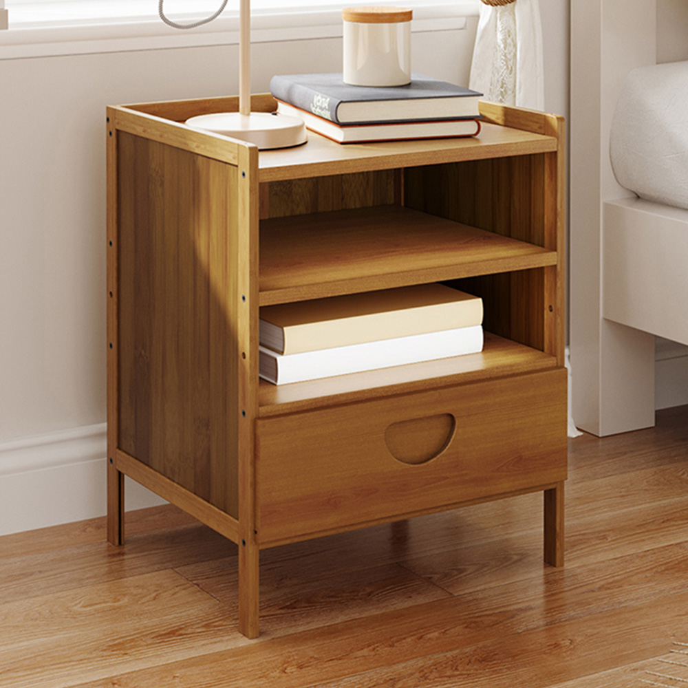 Living and Home Single Drawer 2 Shelf Tea Colour Bedside Table Image 1