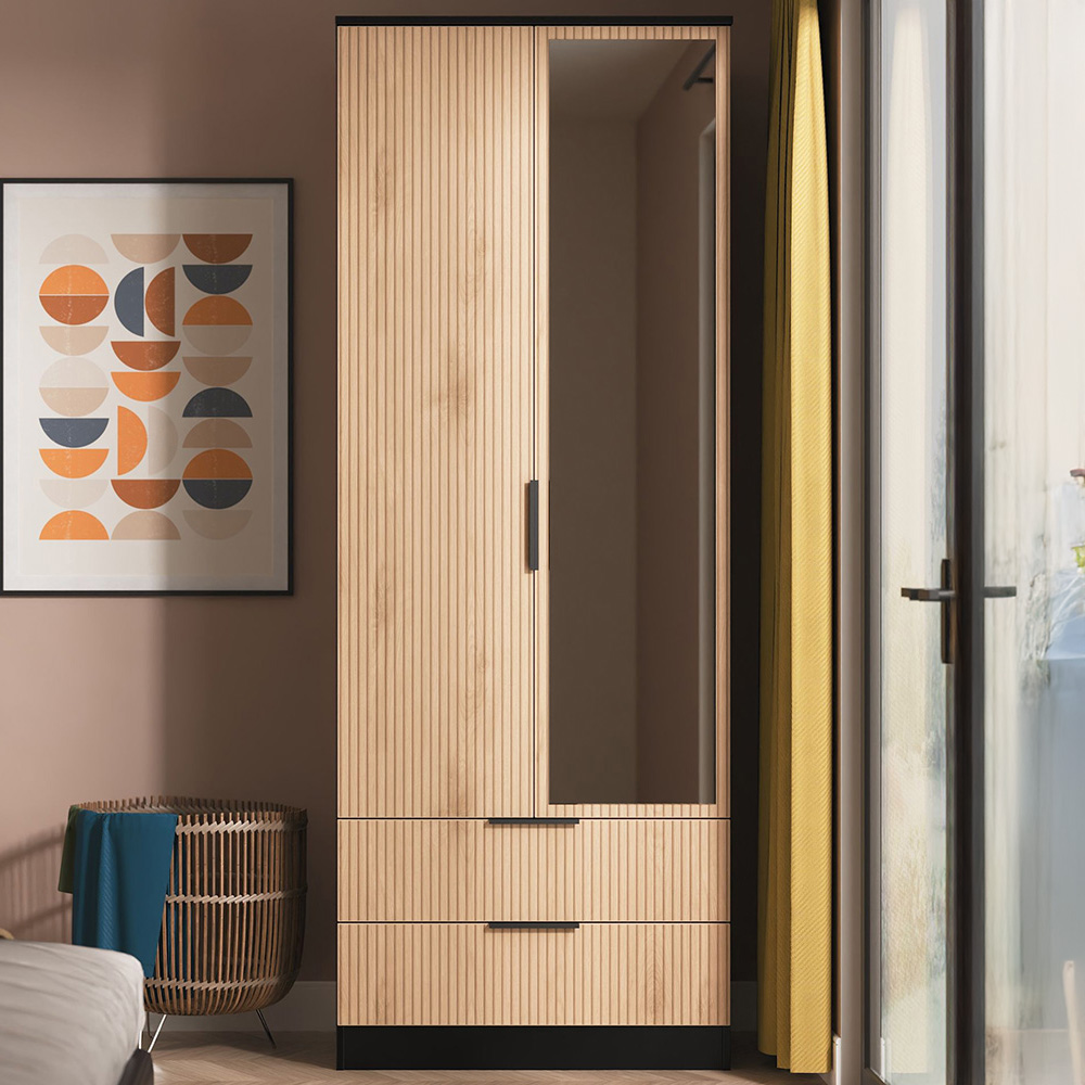 Crowndale Java 2 Door 2 Drawer Slatt Effect and Black Tall Mirrored Wardrobe Ready Assembled Image 1