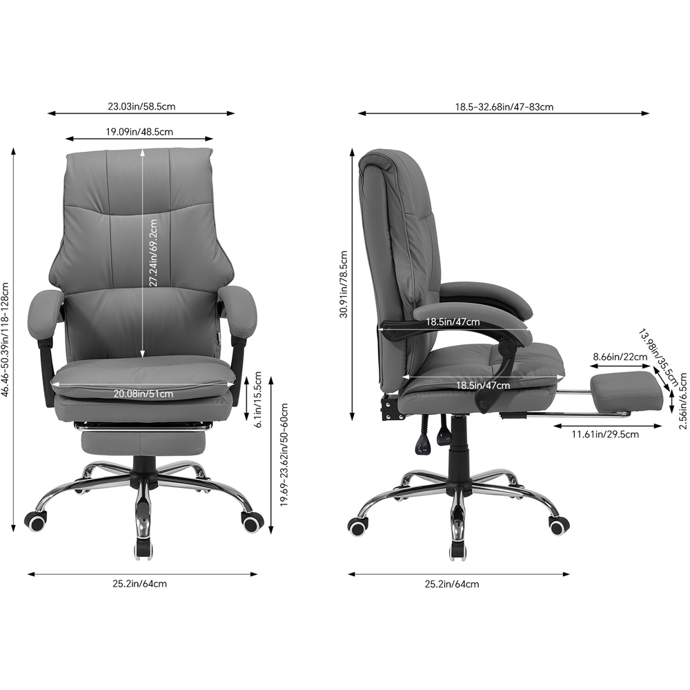 Living and Home Grey PVC Leather Reclining Backrest Office Chair with Footrest Image 9