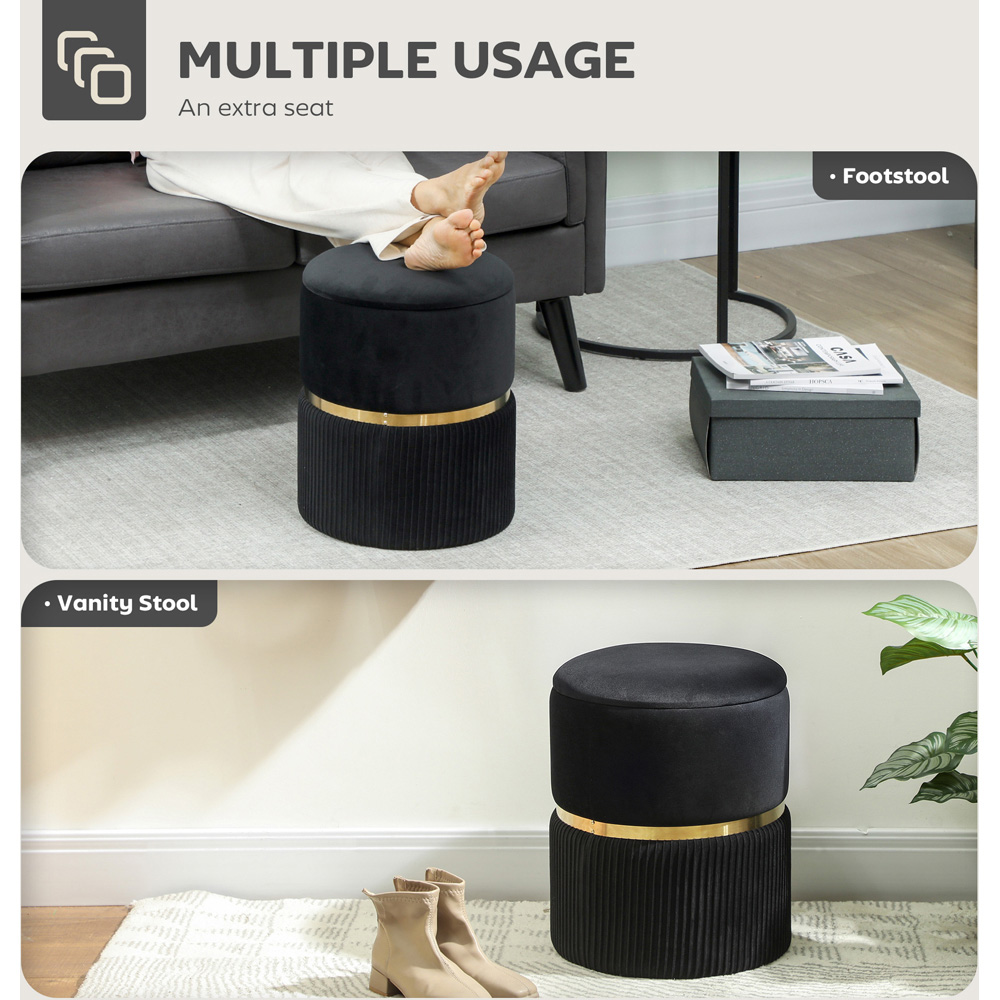 Portland Black Velvet Round Pouffe Footstool with Storage Image 6