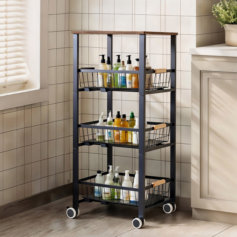 Living and Home 4-Tier Black Slim Kitchen Trolley Image 2