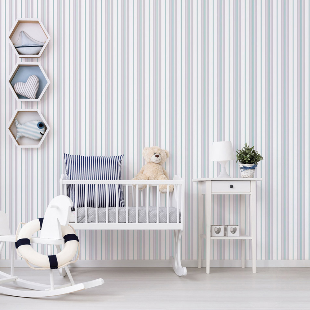 Galerie Deauville 2 Striped Grey White and Mid Blue Wallpaper Image 2