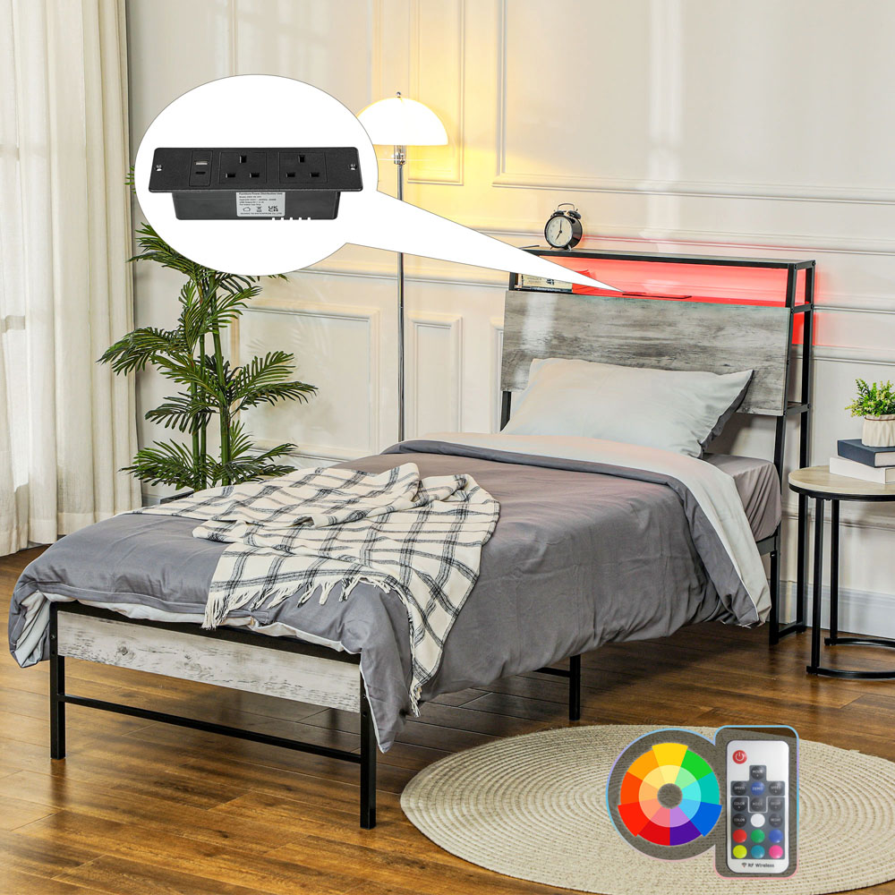 Portland Single Cement Grey Bed Frame with Charging Station and Lights Image 3