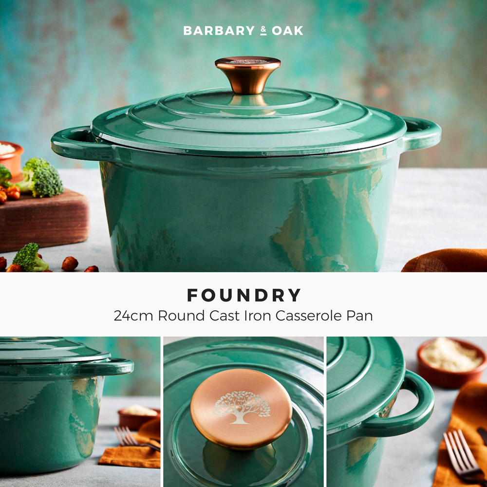 Barbary & Oak 24cm Green Cast Iron Round Non-Stick Casserole Pan with Lid Image 2
