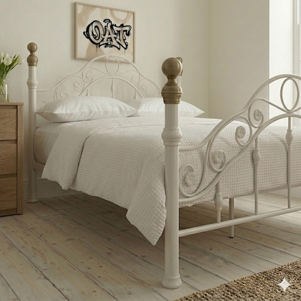 OAT Home Kensington Double White and Brass Metal Bed Frame Image 5