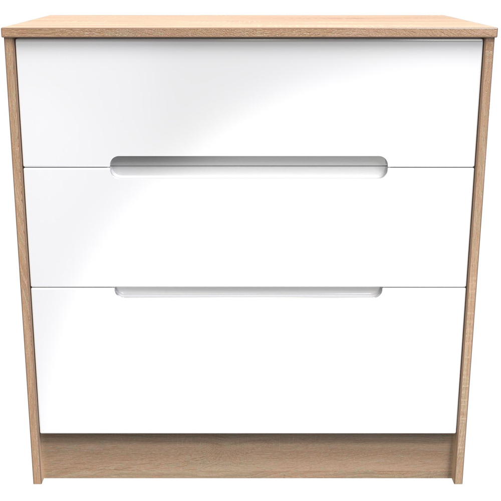 Crowndale Monaco 3 Drawer White Gloss and Bardolino Oak Deep Chest of Drawers Ready Assembled Image 2