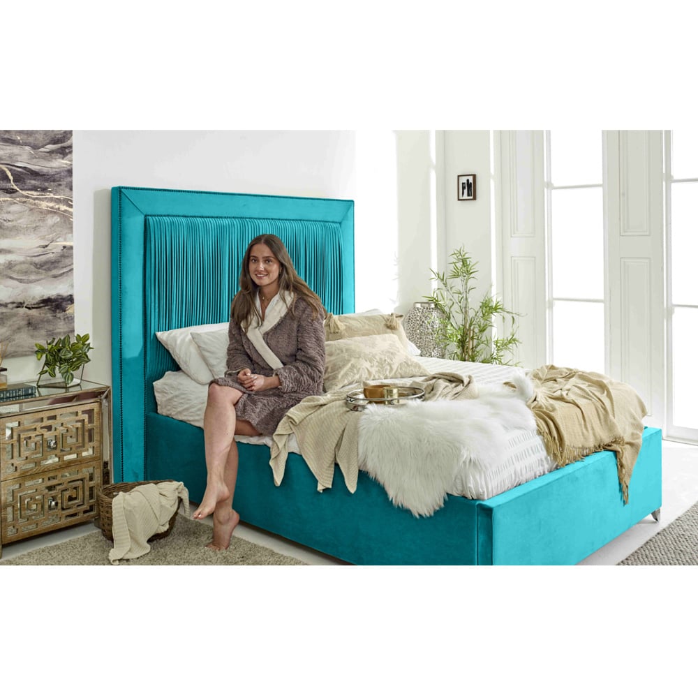 Eleganza Alexandra Small Double Teal Plush Velvet Bed Frame with Pleated Headboard Image 3