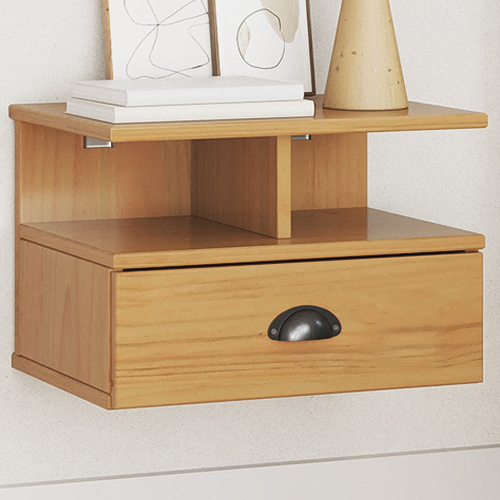 vidaXL Single Drawer 2 Shelf Honey Brown Wall Mounted Bedside Cabinet Image 1