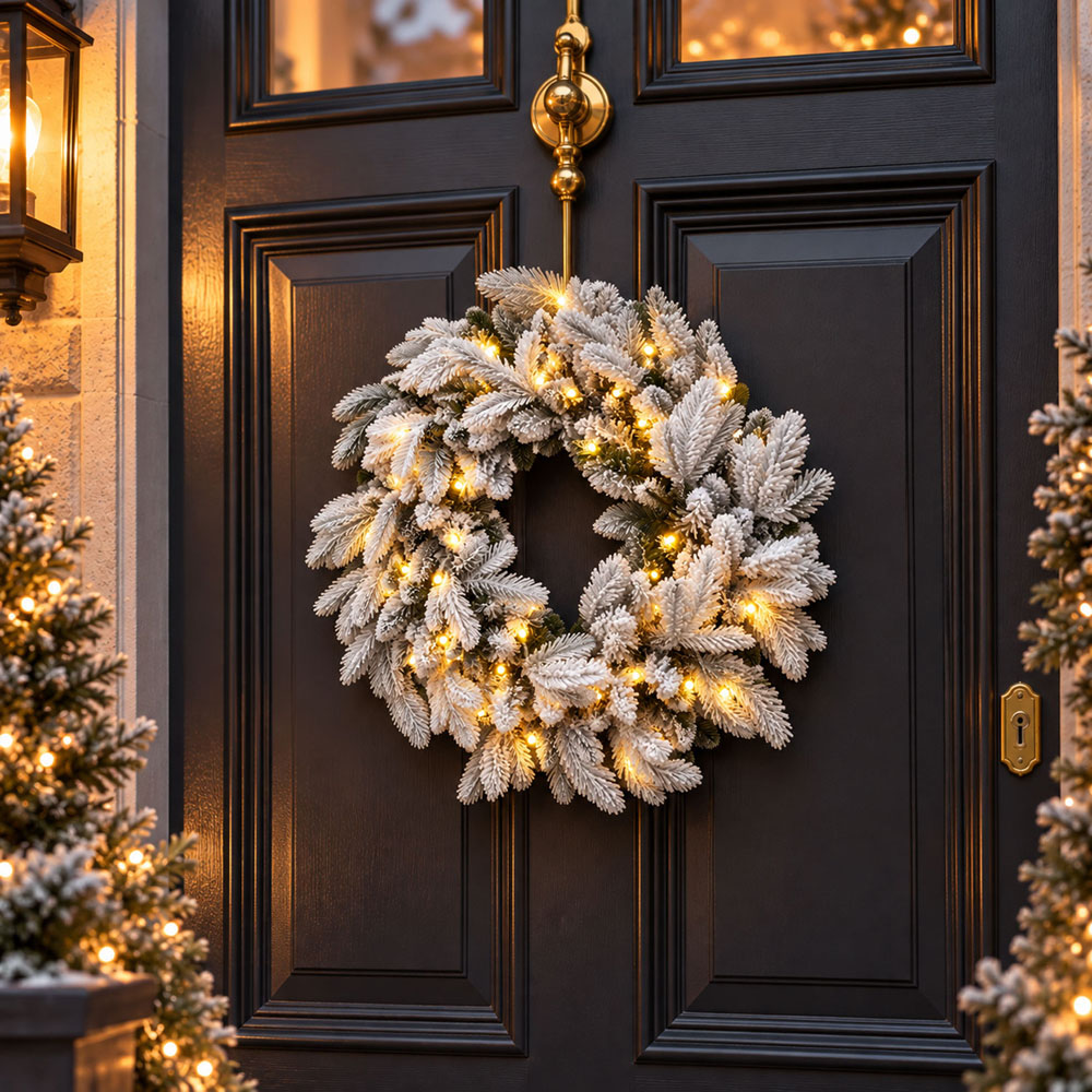 Neo Warm White LED Pre-Lit Artificial Snow-Flocked Christmas Wreath 50cm Image 2