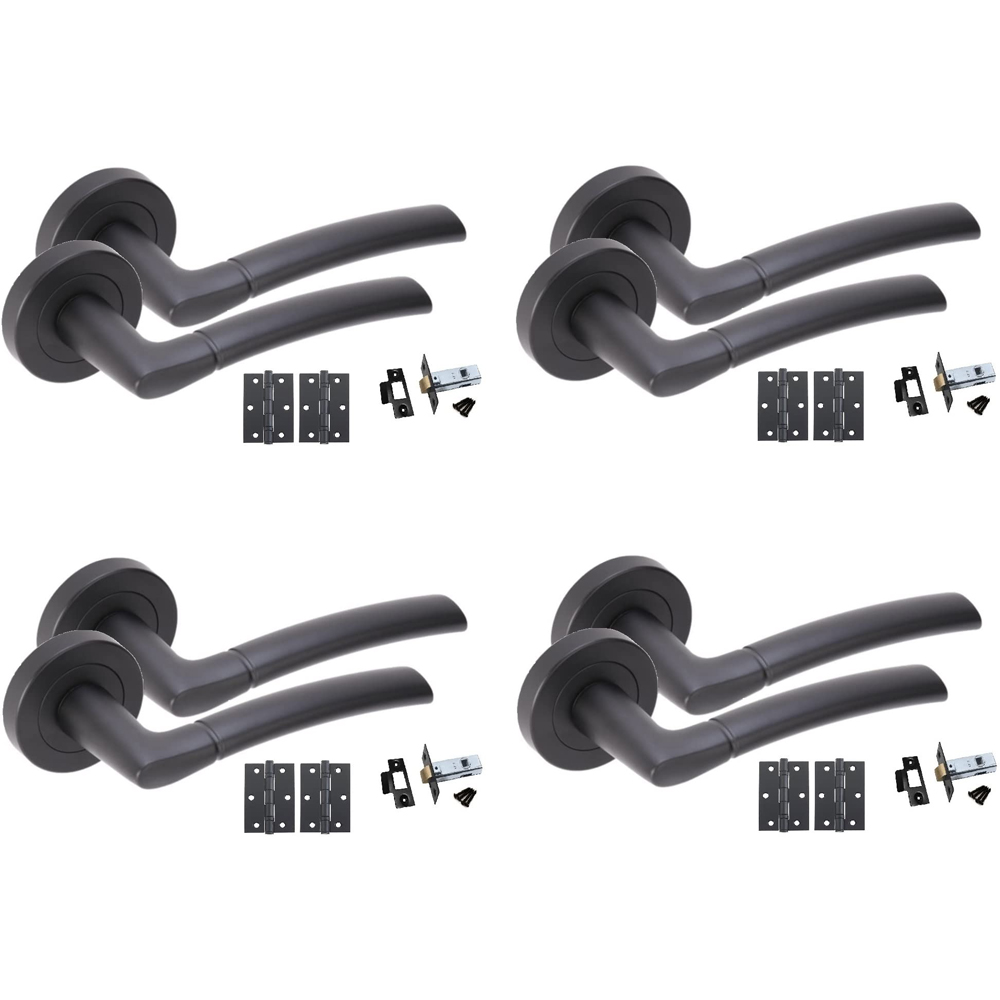 Golden Grace Matt Black Indiana Modern Door Handle Set 4 Pack Image 1