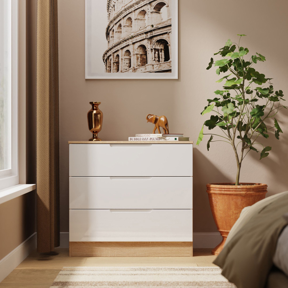 Crowndale Milan 3 Drawer White Gloss and Bardolino Oak Chest of Drawers Ready Assembled Image 7