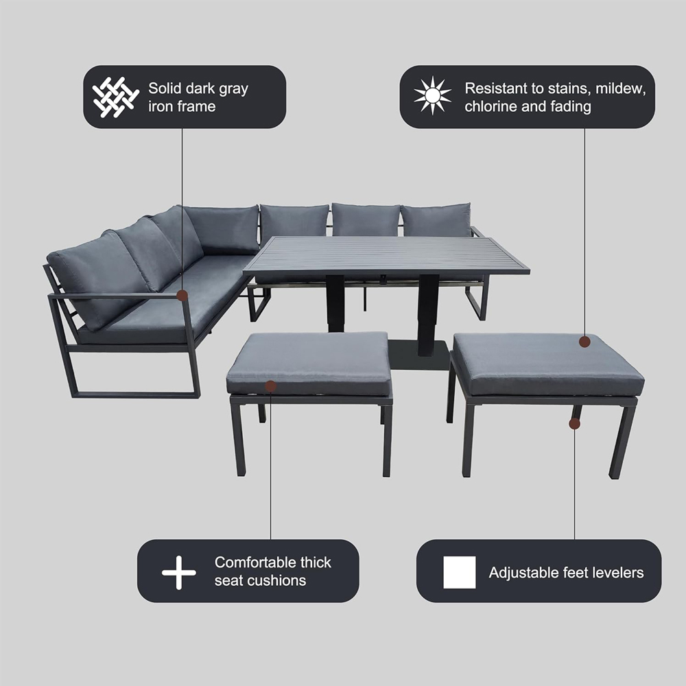 Alivio 8 Seater Grey L-Shaped Garden Sofa Set with Adjustable Table and Ottomans Image 6
